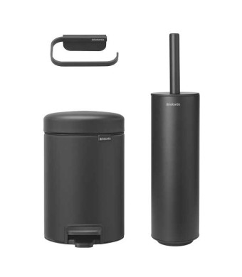 סט לשירותים אפור כהה מינרלי Brabantia: פח פדל 3 ליטר NewIcon + מברשת אסלה סיליקון עם אפשרות תלייה + מתקן קיר לנייר טואלט MindSet ברבנטיה + משלוח חינם + הנחה 10% לנרשמים לניוזלטר