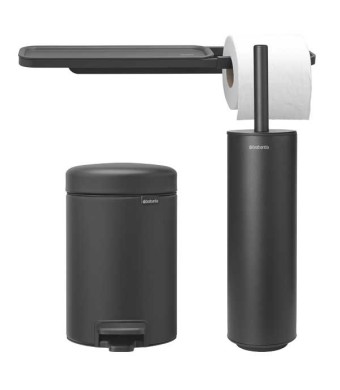 סט לשירותים אפור כהה מינרלי Brabantia: פח פדל 3 ליטר NewIcon + מברשת אסלה סיליקון עם אפשרות תלייה + מתקן לנייר טואלט ומדף MindSet ברבנטיה + משלוח חינם + הנחה 10% לנרשמים לניוזלטר