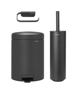 סט לשירותים אפור כהה מינרלי Brabantia: פח פדל 5 ליטר NewIcon + מברשת אסלה סיליקון עם אפשרות תלייה + מתקן קיר לנייר טואלט MindSet ברבנטיה + משלוח חינם + הנחה 10% לנרשמים לניוזלטר