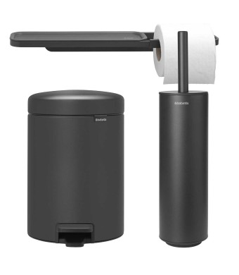 סט לשירותים אפור כהה מינרלי Brabantia: פח פדל 5 ליטר NewIcon + מברשת אסלה סיליקון עם אפשרות תלייה + מתקן לנייר טואלט ומדף MindSet ברבנטיה + משלוח חינם + הנחה 10% לנרשמים לניוזלטר