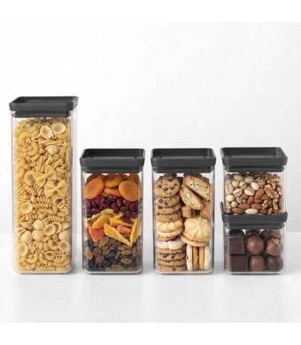 סט 5 מיכלי אחסון פלסטיק שקוף 0.7 + 1.6 + 2.5 ליטר, מכסה אפור כהה Brabantia - ללא BPA + עכשיו במבצע 25% הנחת פסח SALE