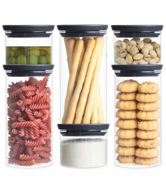 סט 6 מיכלי זכוכית 0.3 + 1.1 ליטר, מכסה אפור כהה Brabantia + עכשיו במבצע 25% הנחה SALE