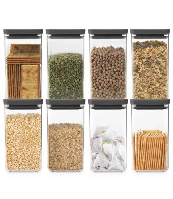 סט 8 מיכלי אחסון פלסטיק שקוף 1.6 ליטר, מכסה אפור כהה Brabantia - ללא BPA + עכשיו במבצע 25% הנחה SALE