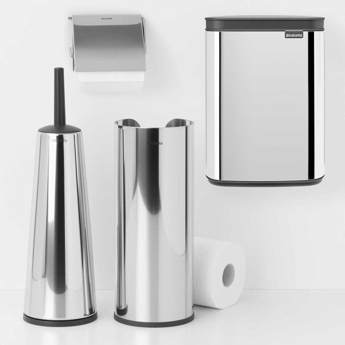 סט לשירותים מבריק עם פח נתלה Brabantia: פח BO נתלה 4 ליטר + מברשת אסלה קונית, מתקן קיר ודיספנסר לנייר טואלט  Renew ברבנטיה + משלוח חינם + הנחה 10% לנרשמים לניוזלטר