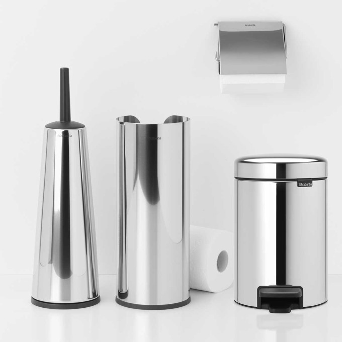 סט לשירותים מבריק Brabantia: פח פדל 3 ליטר NewIcon + מברשת אסלה קונית, מתקן קיר ודיספנסר לנייר טואלט Renew ברבנטיה + משלוח חינם + הנחה 10% לנרשמים לניוזלטר