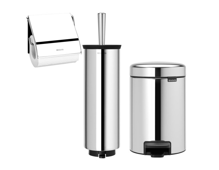 סט לשירותים מבריק Brabantia: פח פדל 3 ליטר NewIcon + מברשת אסלה עם אפשרות תלייה + מתקן קיר לנייר טואלט ברבנטיה + משלוח חינם + הנחה 10% לנרשמים לניוזלטר