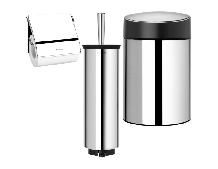 סט לשירותים מבריק עם פח נתלה Brabantia: פח סלייד נתלה מבריק, מכסה שחור מט 5 ליטר + מברשת אסלה עם אפשרות תלייה + מתקן קיר לנייר טואלט ברבנטיה + משלוח חינם + הנחה 10% לנרשמים לניוזלטר 