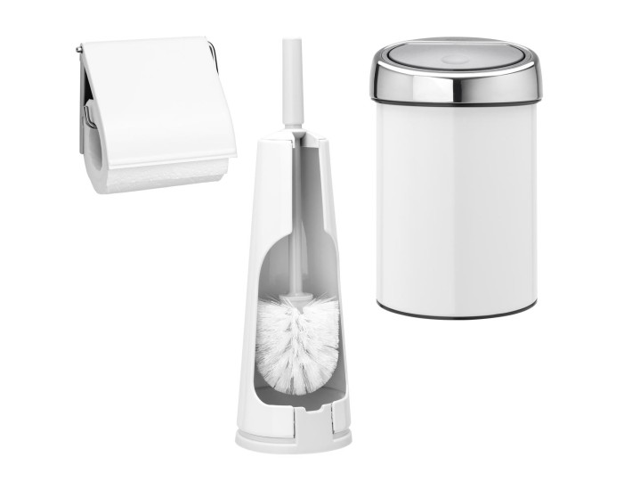 סט לשירותים לבן עם פח נתלה Brabantia: פח טאץ נתלה 3 ליטר + מברשת אסלה קונית + מתקן קיר לנייר טואלט ברבנטיה + משלוח חינם + הנחה 10% לנרשמים לניוזלטר