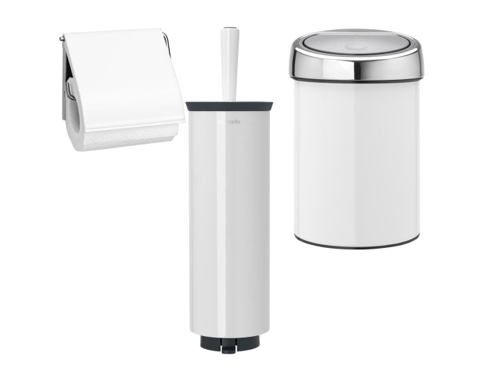 סט לשירותים, נתלה לבן Brabantia: פח טאץ נתלה 3 ליטר + מברשת אסלה עם אפשרות תלייה + מתקן קיר לנייר טואלט ברבנטיה + משלוח חינם + הנחה 10% לנרשמים לניוזלטר
