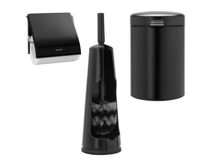 סט לשירותים שחור מט עם פח נתלה Brabantia: פח נתלה 3 ליטר NewIcon + מברשת אסלה קונית + מתקן קיר לנייר טואלט ברבנטיה + משלוח חינם + הנחה 10% לנרשמים לניוזלטר