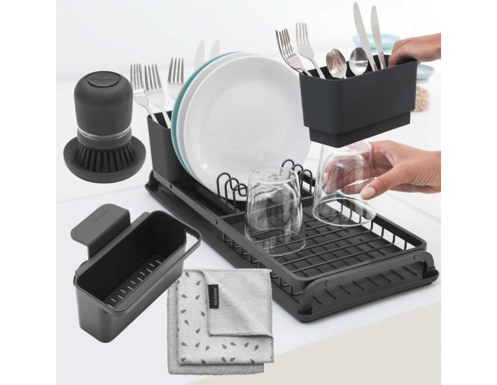 סט מסביב לכיור שחור Brabantia: מתקן לייבוש כלים קטן, אורגנייזר בתוך הכיור, מברשת כלים וזוג מגבות מטבח לכלים מיקרופייבר ברבנטיה + משלוח חינם + הנחה 10% לנרשמים לניוזלטר