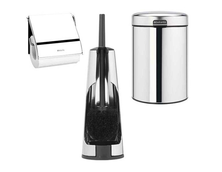 סט לשירותים מבריק עם פח נתלה Brabantia: פח נתלה 3 ליטר NewIcon + מברשת אסלה קונית + מתקן קיר לנייר טואלט ברבנטיה + משלוח חינם + הנחה 10% לנרשמים לניוזלטר