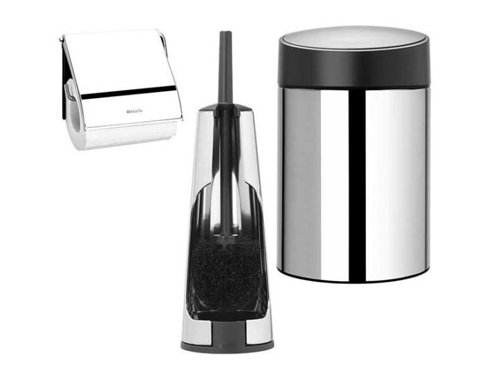 סט לשירותים מבריק עם פח נתלה Brabantia: פח סלייד נתלה מבריק, מכסה שחור מט 5 ליטר + מברשת אסלה קונית + מתקן קיר לנייר טואלט ברבנטיה + משלוח חינם + הנחה 10% לנרשמים לניוזלטר