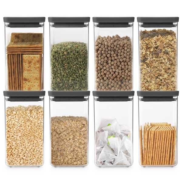 סט 8 מיכלי אחסון פלסטיק שקוף 1.6 ליטר, מכסה אפור כהה Brabantia - ללא BPA + הנחה 10% לנרשמים לניוזלטר