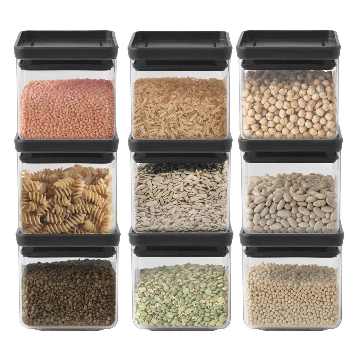 סט 9 מיכלי אחסון פלסטיק שקוף 0.7 ליטר, מכסה אפור כהה ברבנטיה - ללא BPA + הנחה 10% לנרשמים לניוזלטר