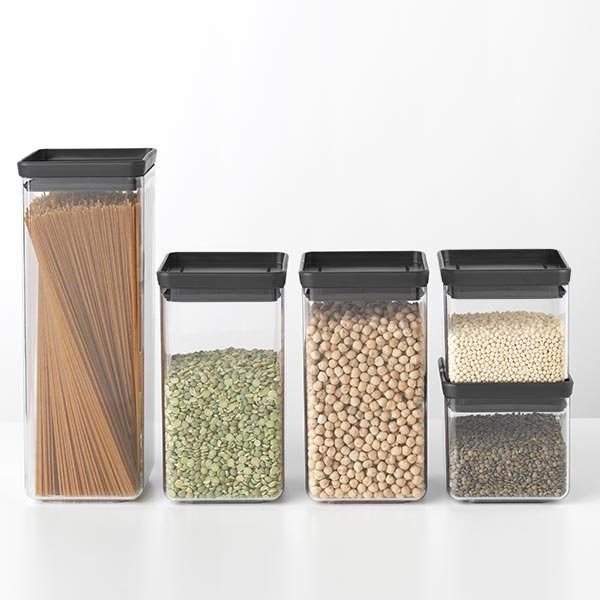 סט 5 מיכלי אחסון פלסטיק שקוף 0.7 + 1.6 + 2.5 ליטר, מכסה אפור כהה Brabantia - ללא BPA + הנחה 10% לנרשמים לניוזלטר