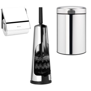 סט לשירותים מבריק עם פח נתלה Brabantia: פח נתלה 3 ליטר NewIcon + מברשת אסלה קונית + מתקן קיר לנייר טואלט ברבנטיה + עכשיו ב30% הנחת מבצע פסח + משלוח חינם!