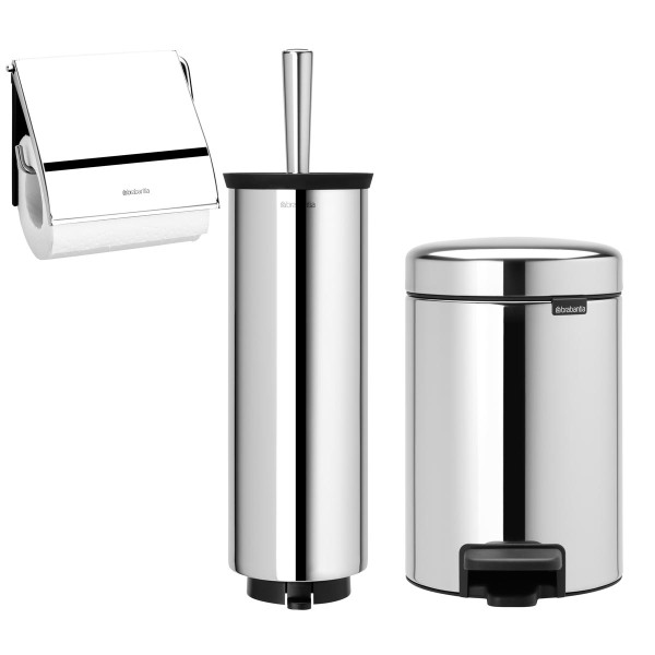 סט לשירותים מבריק Brabantia: פח פדל 3 ליטר NewIcon + מברשת אסלה עם אפשרות תלייה + מתקן קיר לנייר טואלט ברבנטיה + משלוח חינם + הנחה 10% לנרשמים לניוזלטר