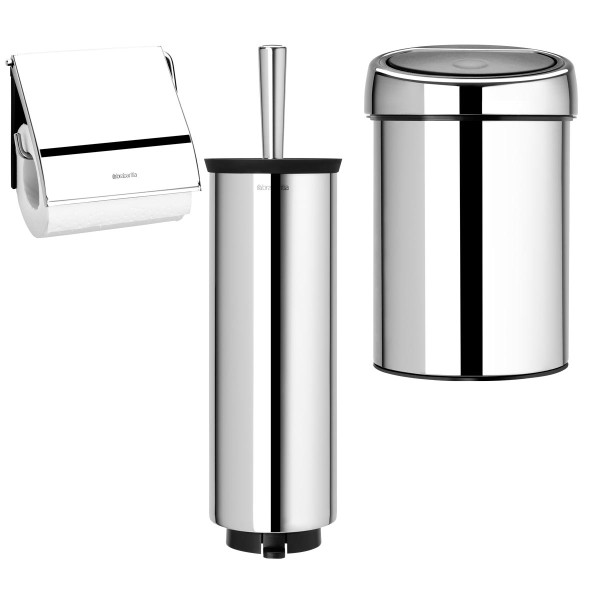 סט לשירותים, נתלה מבריק Brabantia: פח טאץ נתלה 3 ליטר + מברשת אסלה עם אפשרות תלייה + מתקן קיר לנייר טואלט ברבנטיה + משלוח חינם + הנחה 10% לנרשמים לניוזלטר