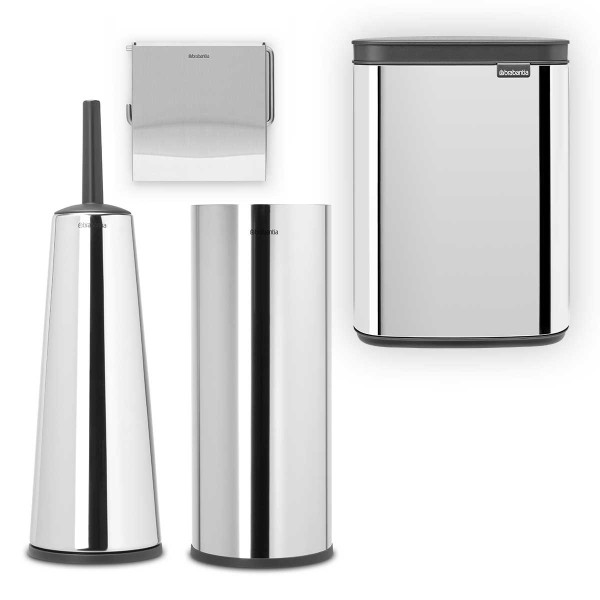 סט לשירותים מבריק עם פח נתלה Brabantia: פח BO נתלה 4 ליטר + מברשת אסלה קונית, מתקן קיר ודיספנסר לנייר טואלט  Renew ברבנטיה + משלוח חינם + הנחה 10% לנרשמים לניוזלטר
