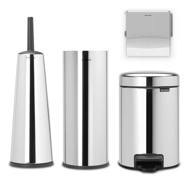 סט לשירותים מבריק Brabantia: פח פדל 3 ליטר NewIcon + מברשת אסלה קונית, מתקן קיר ודיספנסר לנייר טואלט Renew ברבנטיה + משלוח חינם + הנחה 10% לנרשמים לניוזלטר